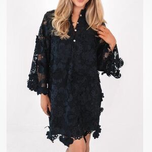 J.Marie Seraphina Shift Dress X-Small Black Floral 3D Lace 3/4 Sleeve Kaftan NWT